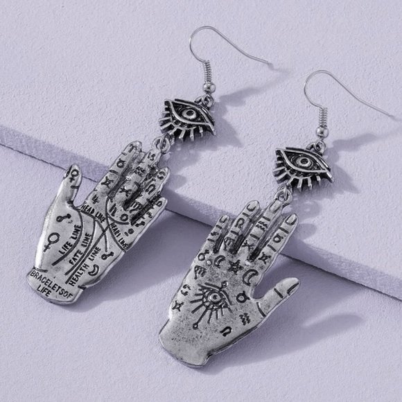 🔮 2 for $40 🔮 Mystic Palmistry Hand Evil Eye Witchy Dangle Earrings - Picture 1 of 13